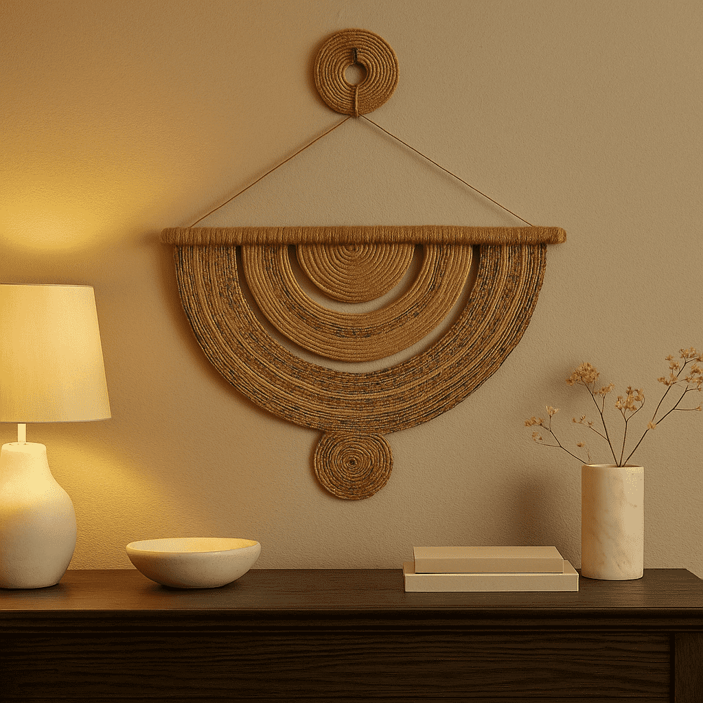 Jute and cane wall decor styled in a natural-tone corner
