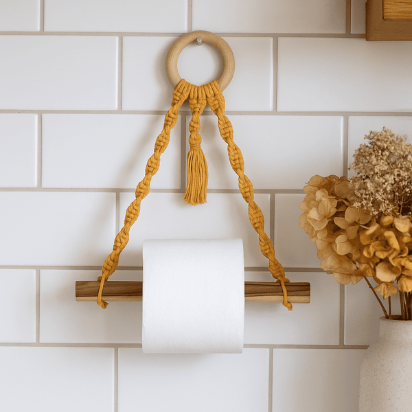 Macrame & Wood Hanging Toilet Roll Holder – Handmade