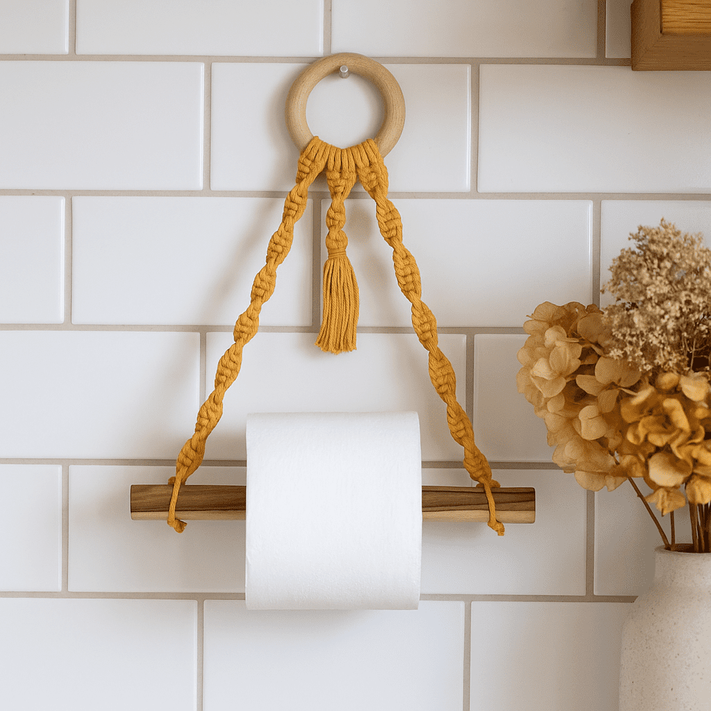 Mustard cotton macrame and wood hanging toilet roll holder, 9.25x9 inches, 80g