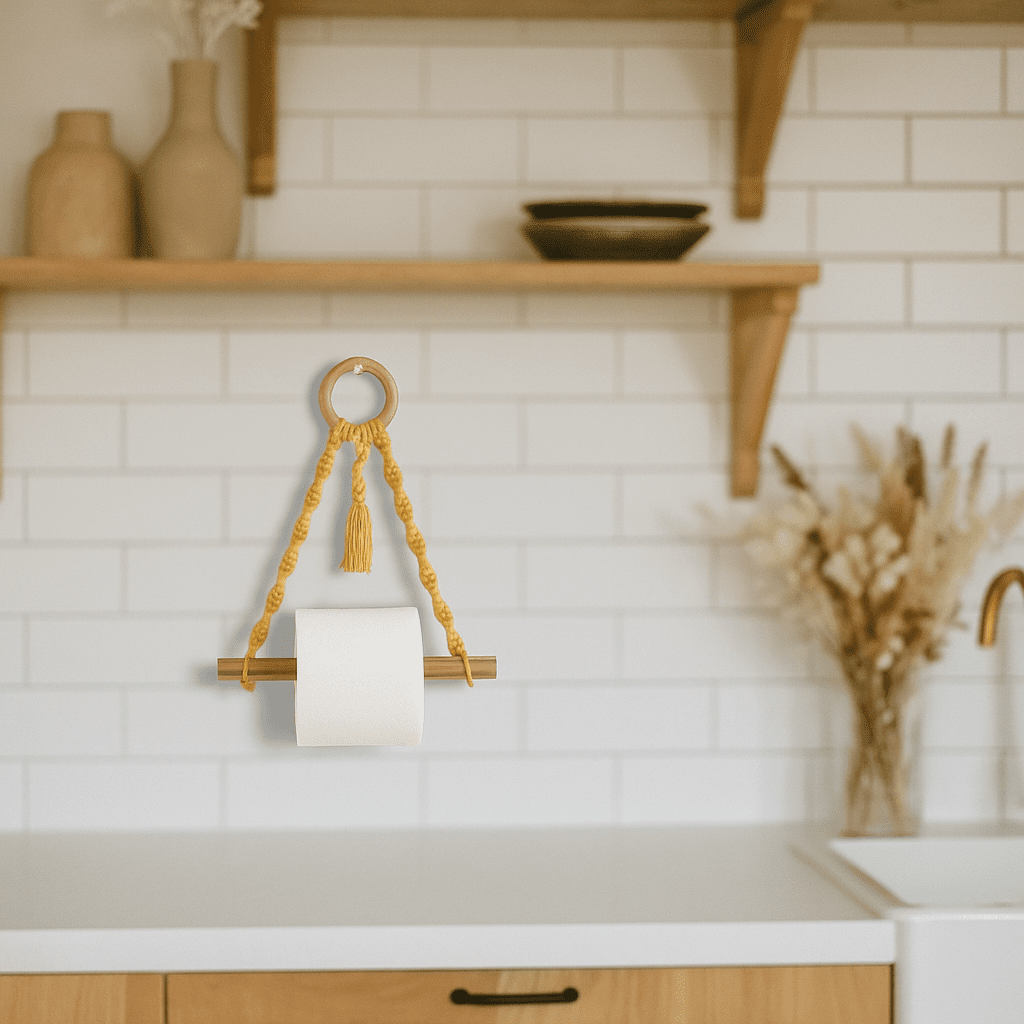 Mustard macrame toilet roll holder in boho bathroom