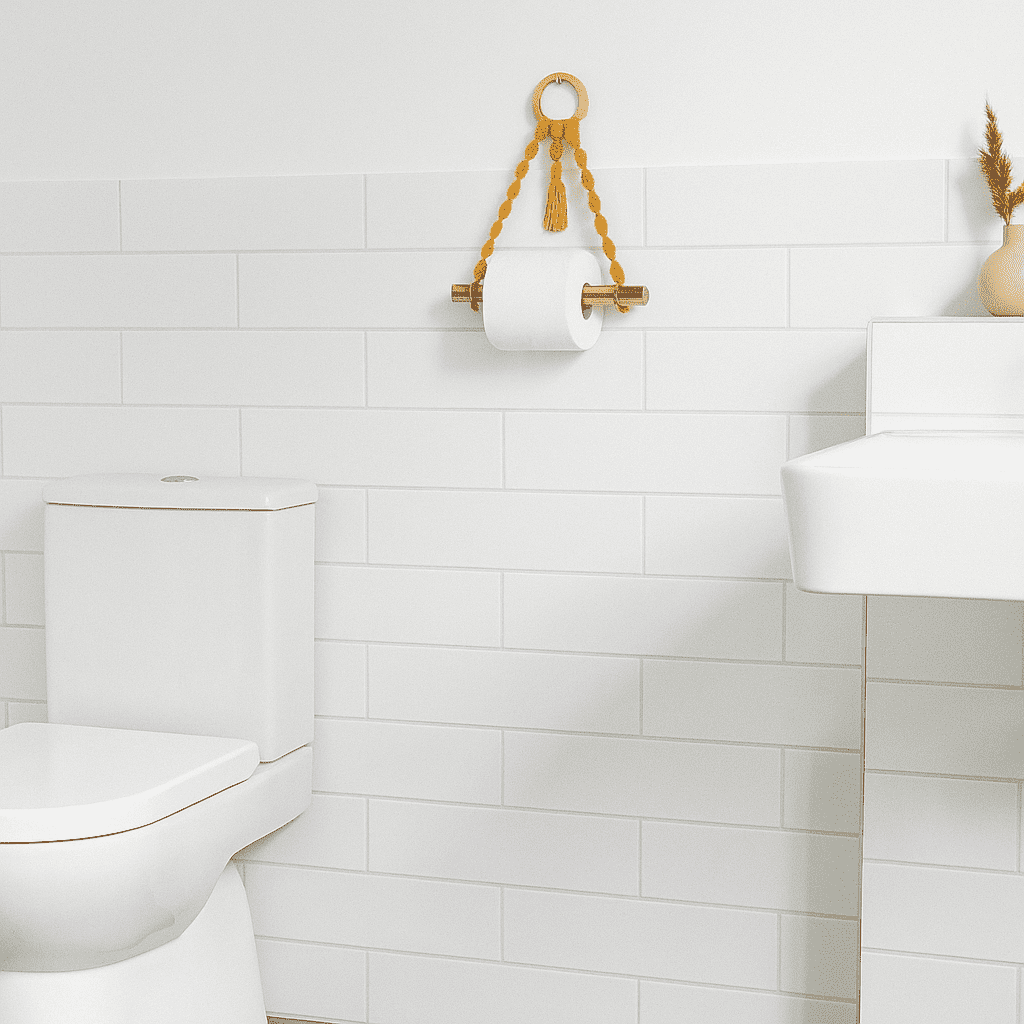 Macrame toilet roll holder in rustic wood bathroom