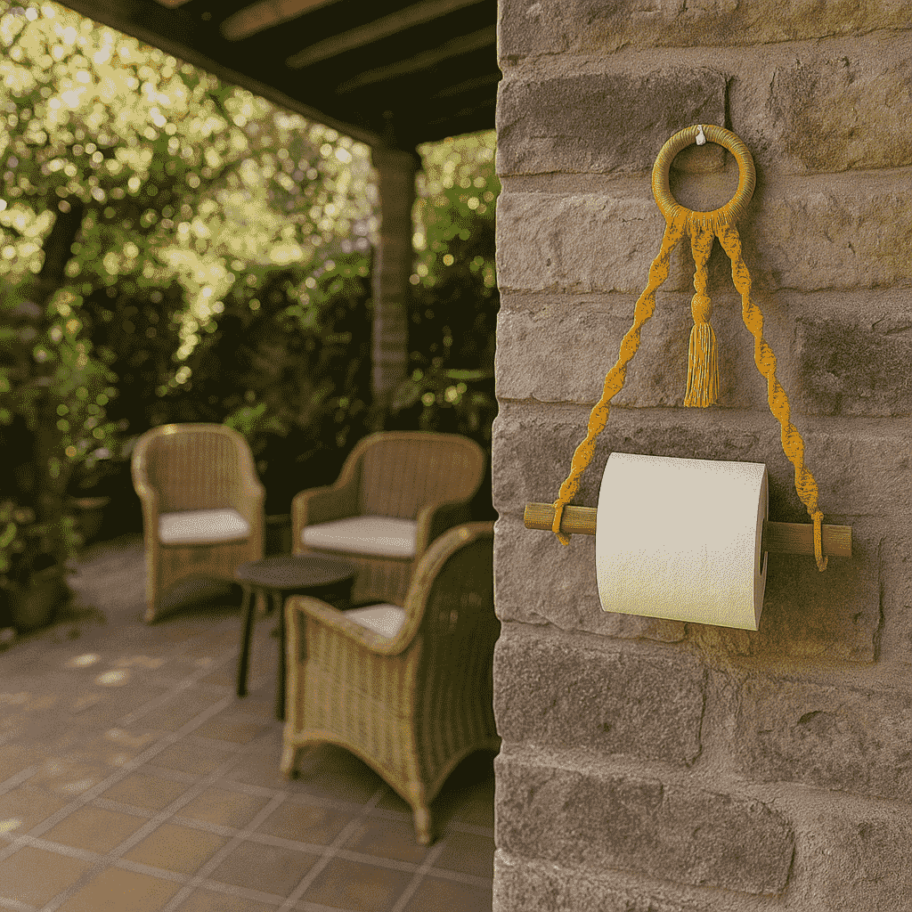 Mustard macrame holder showing wooden rod removal for roll change