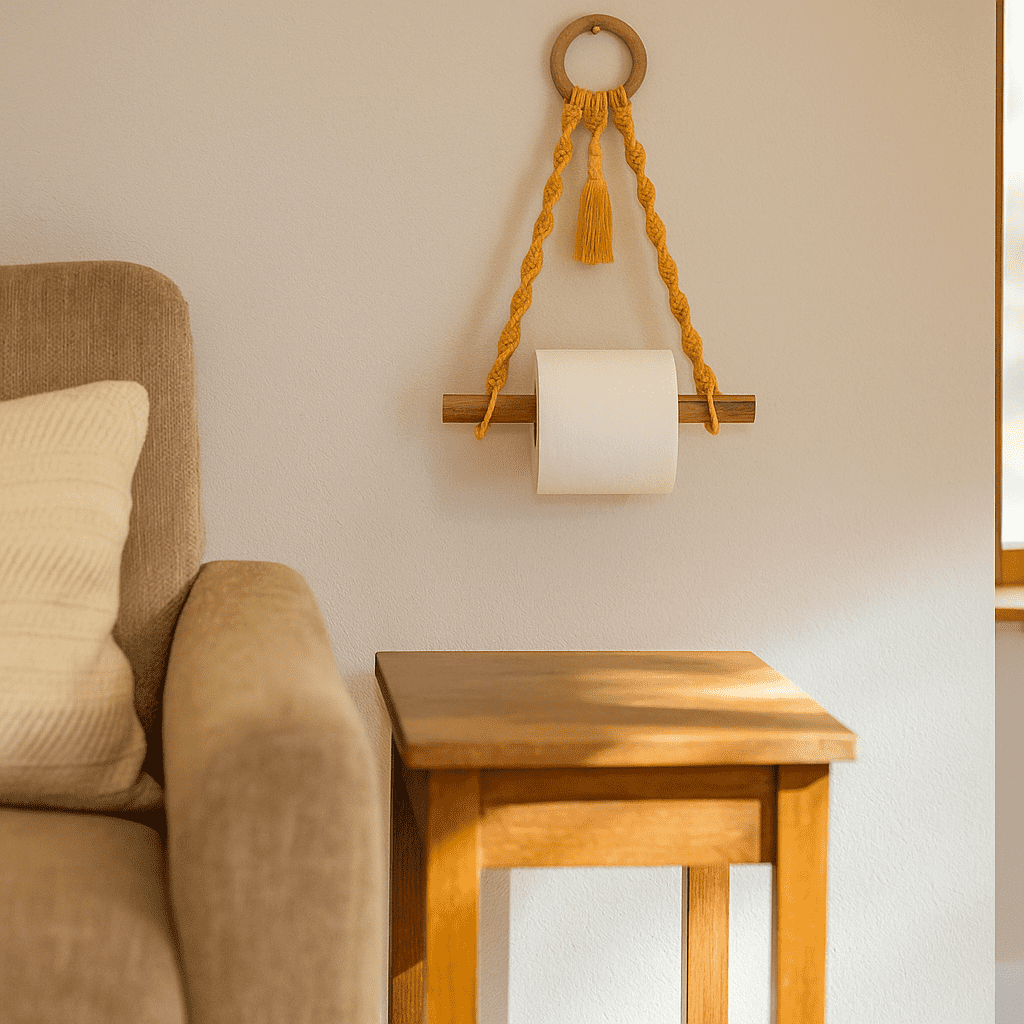Cotton macrame mustard toilet roll holder lifestyle shot