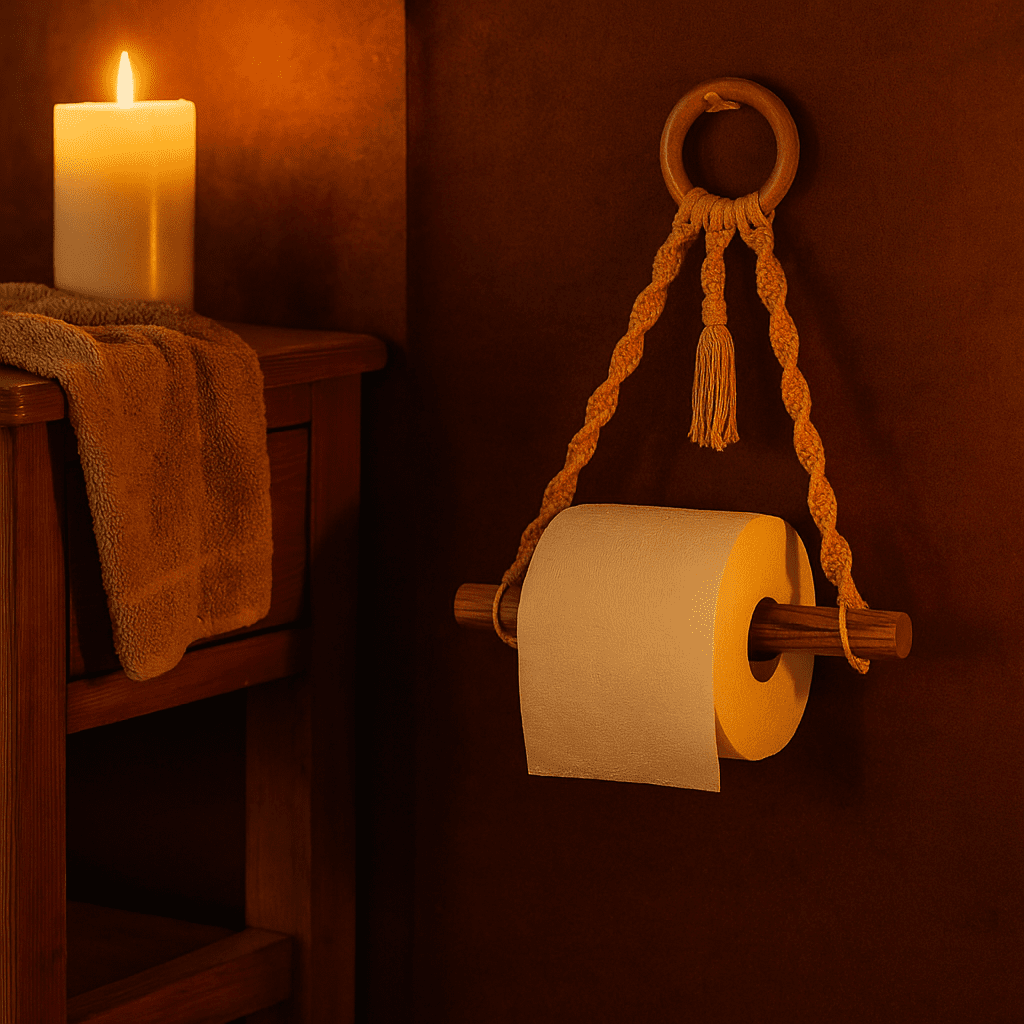 Rustic macrame toilet roll holder on tiled bathroom wall