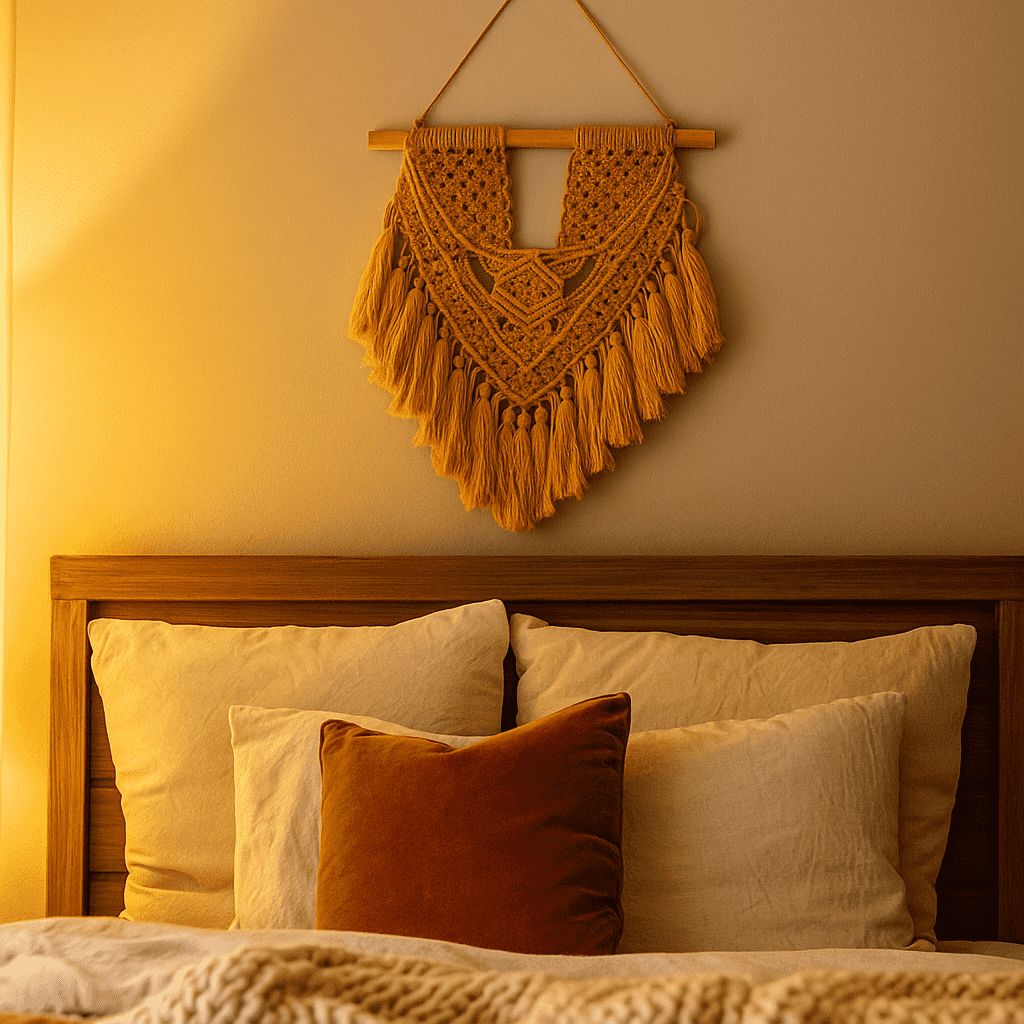 Mustard macrame wall hanging close-up of knotted cotton