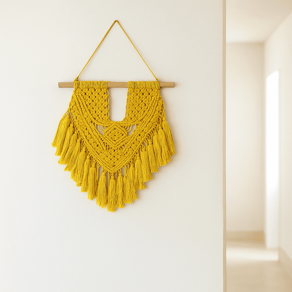 Mustard macrame wall hanging styled in a boho corner