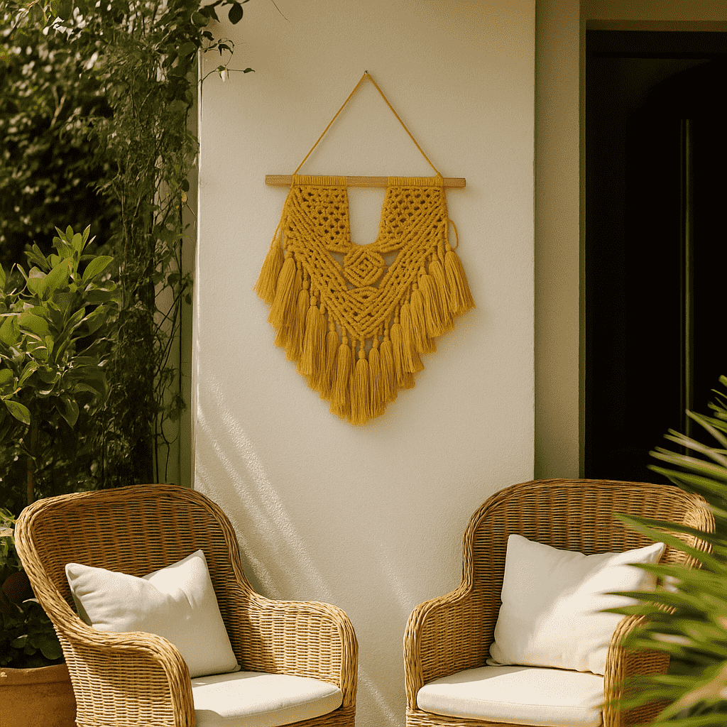 Mustard macrame wall hanging shown at an angle