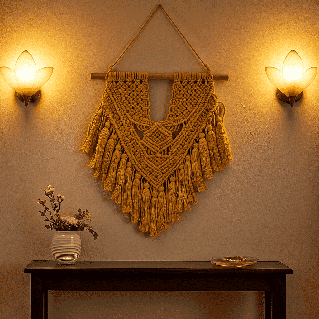 Mustard macrame wall hanging on a plain wall