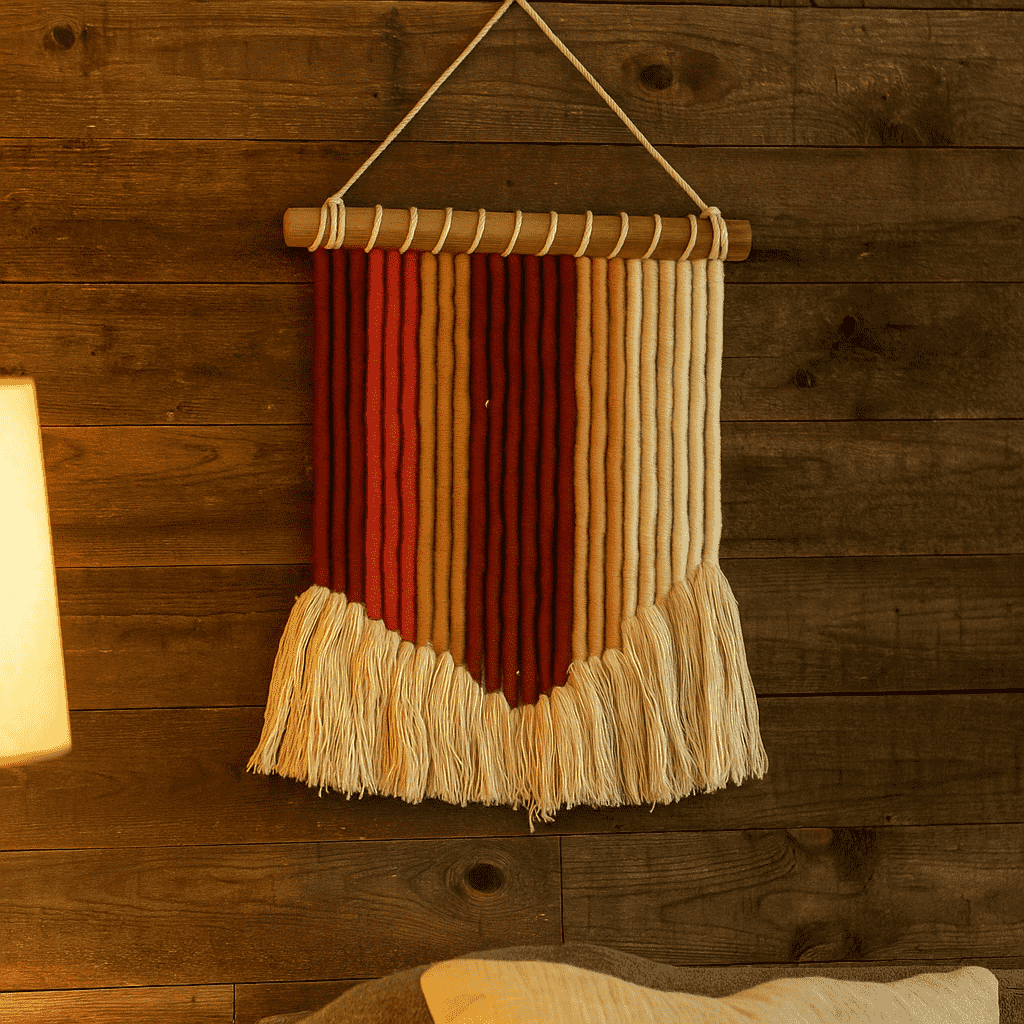 Tasseled rope wall hanging front view of thread-wrapped body
