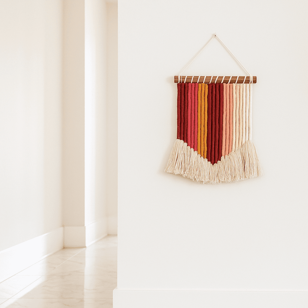Tasseled rope wall hanging close-up of hand-tied tassels