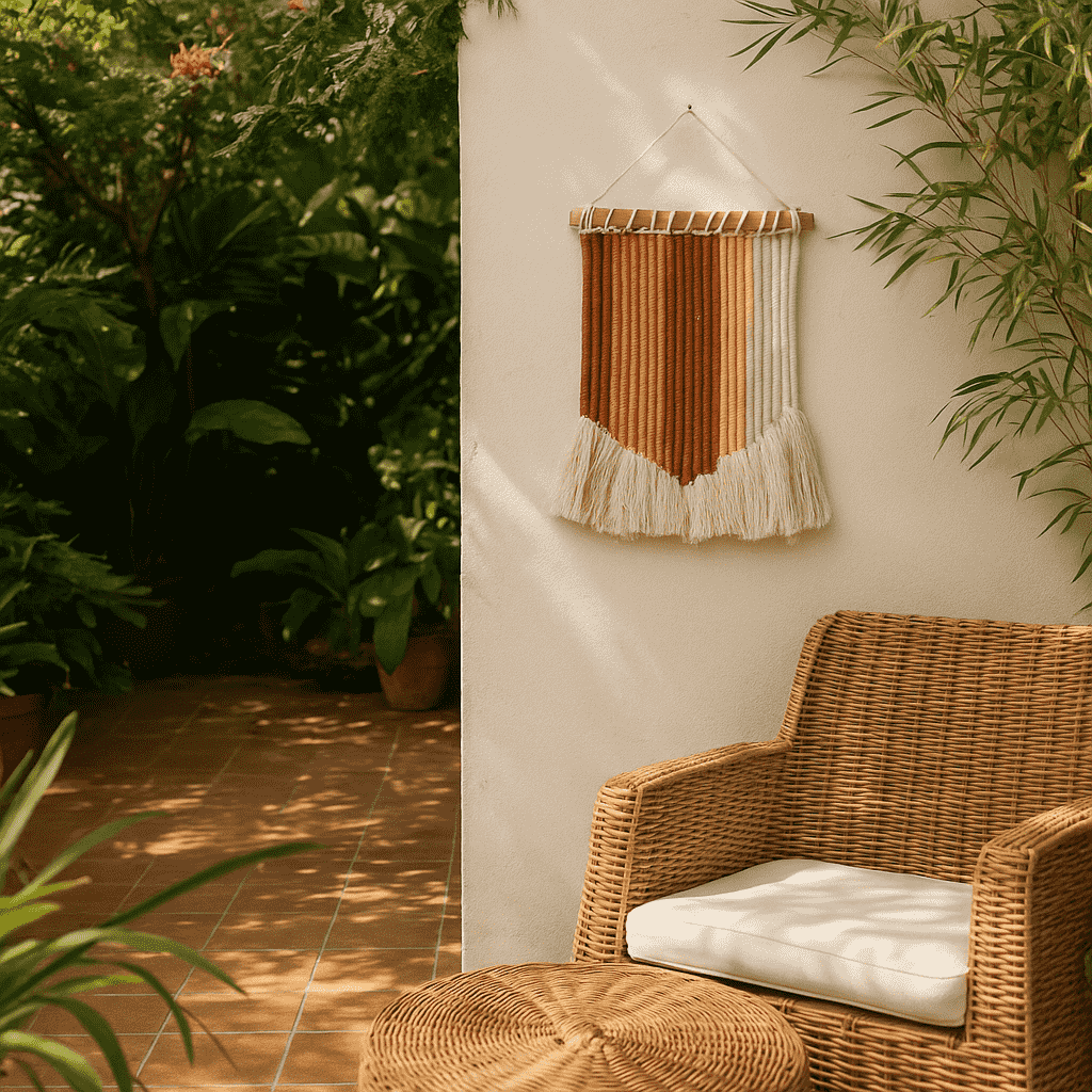 Tasseled rope wall hanging styled in a boho corner