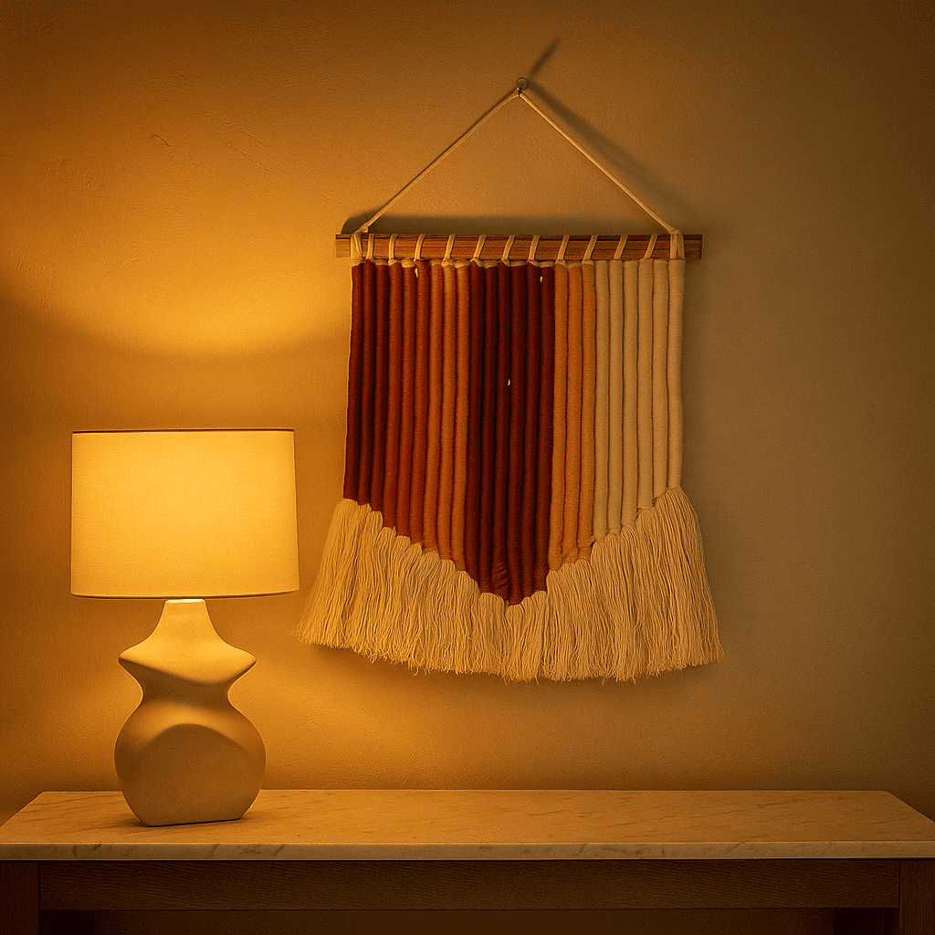 Tasseled rope wall hanging above a hallway console