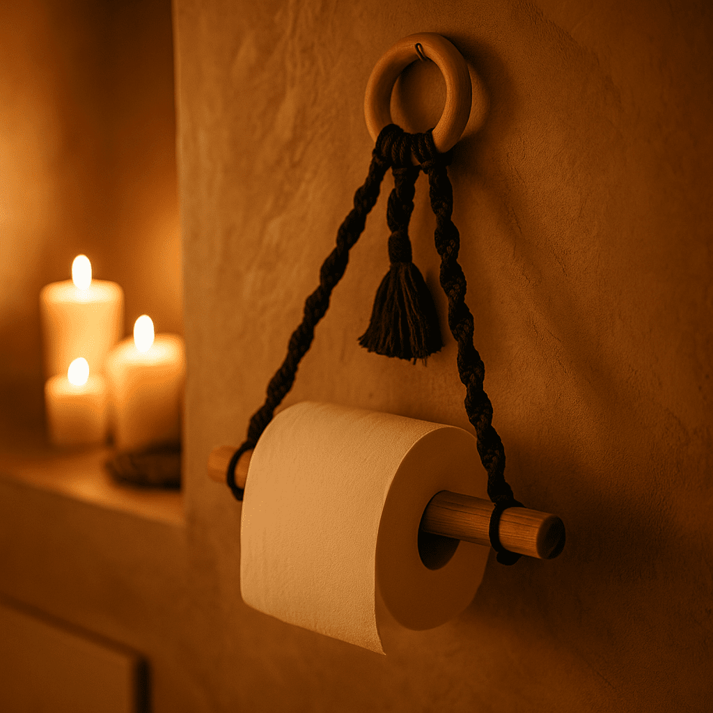 Black cotton macrame and wood hanging toilet roll holder, 10x9 inches, 66g
