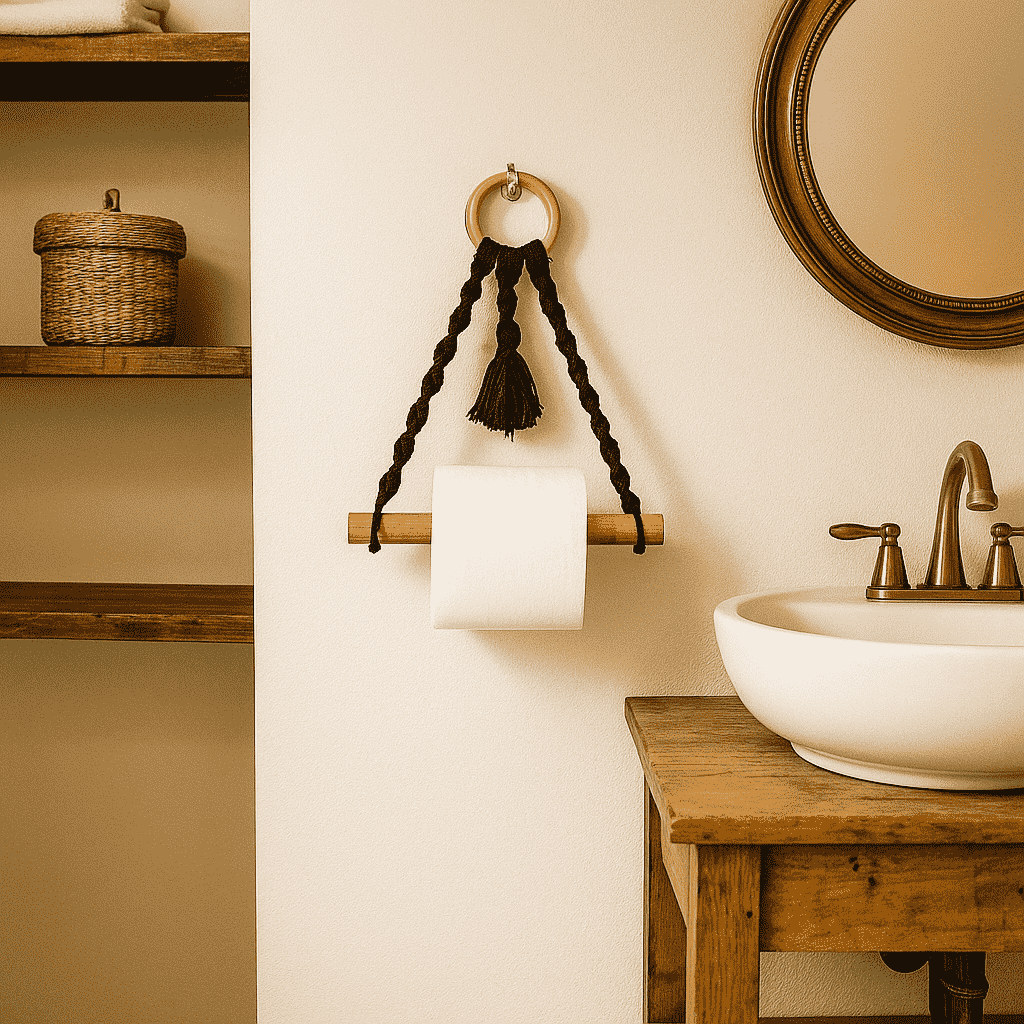Black macrame toilet roll holder in boho bathroom