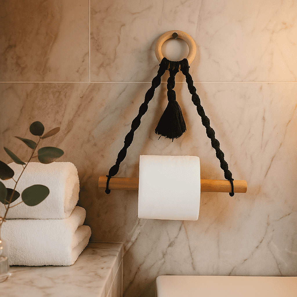 Black macrame toilet roll holder in serene bathroom decor