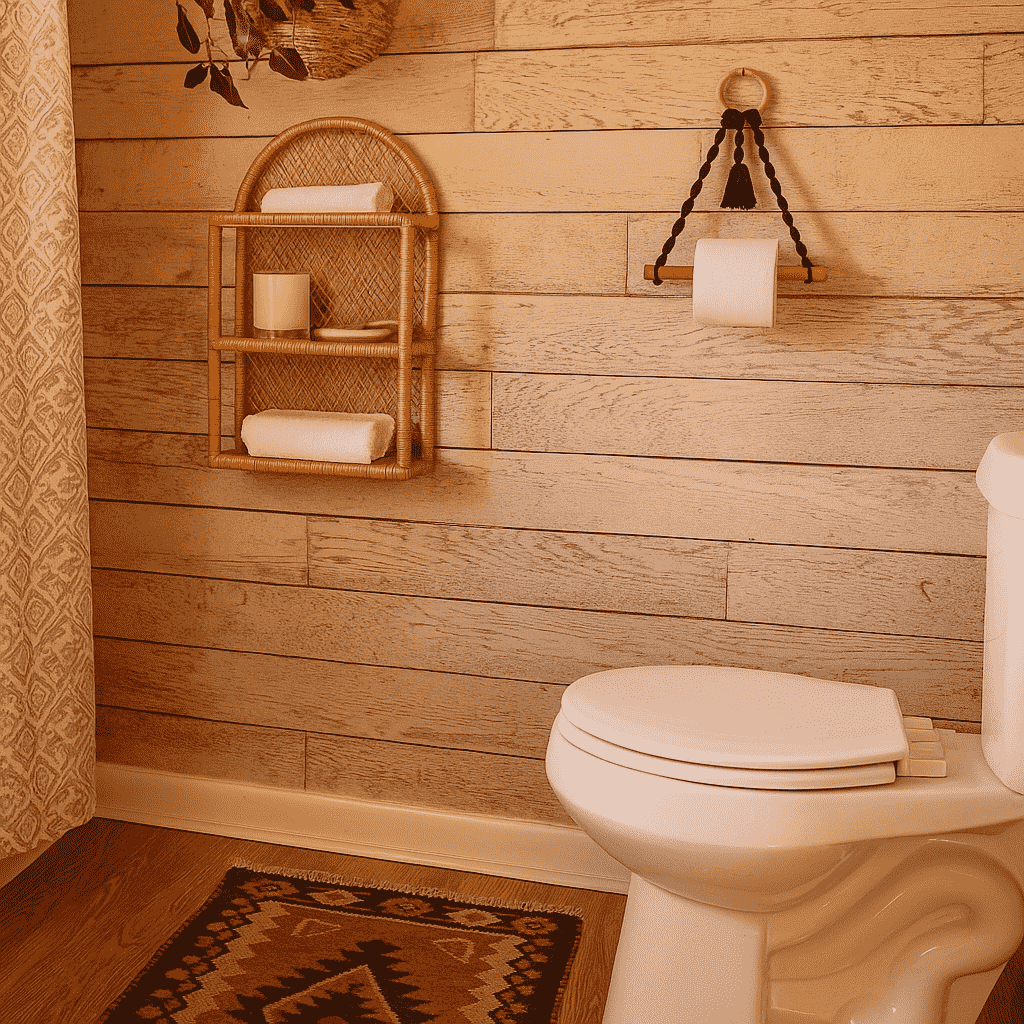 Bohemian bathroom with macrame toilet roll holder