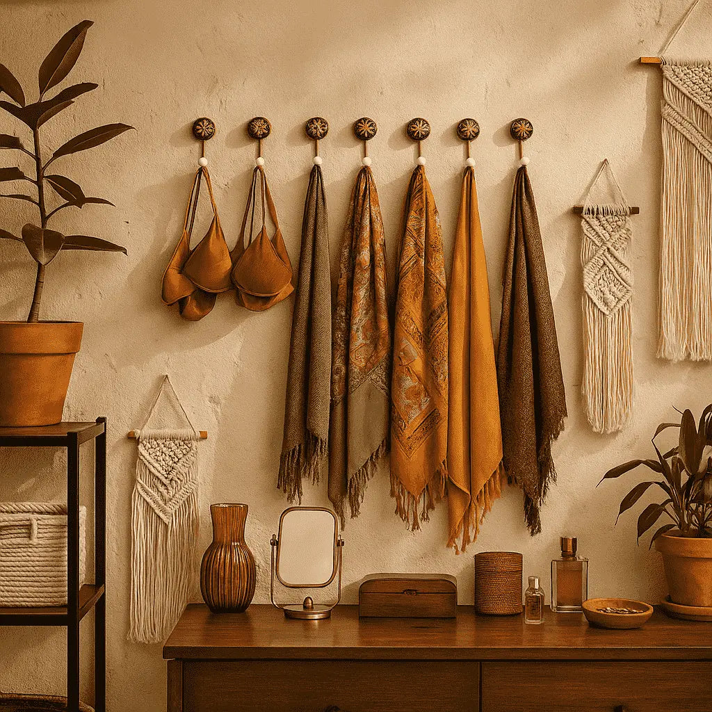 Ceramic wall hooks close-up of floral art