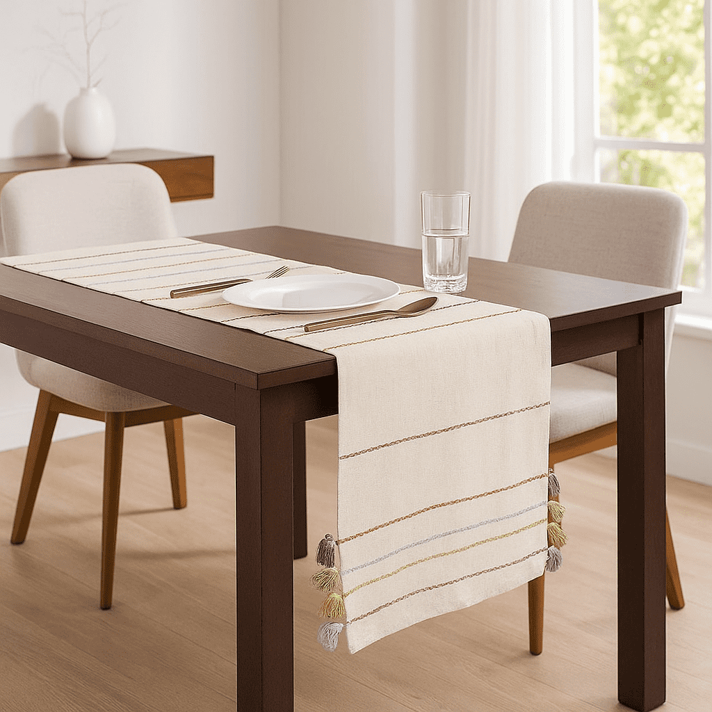 Minimal cotton table runner tassel detail