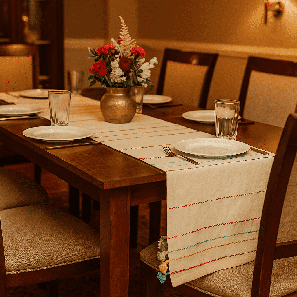 Minimal cotton table runner styled on a dining table