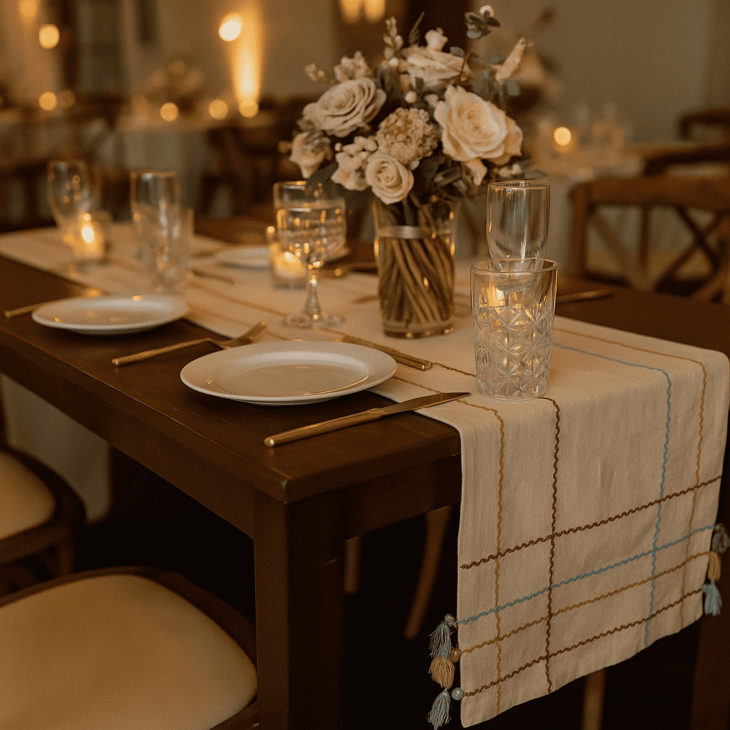 Minimal cotton table runner at an angle