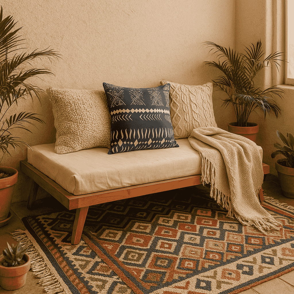 Tribal cushion cover styled on a sofa
