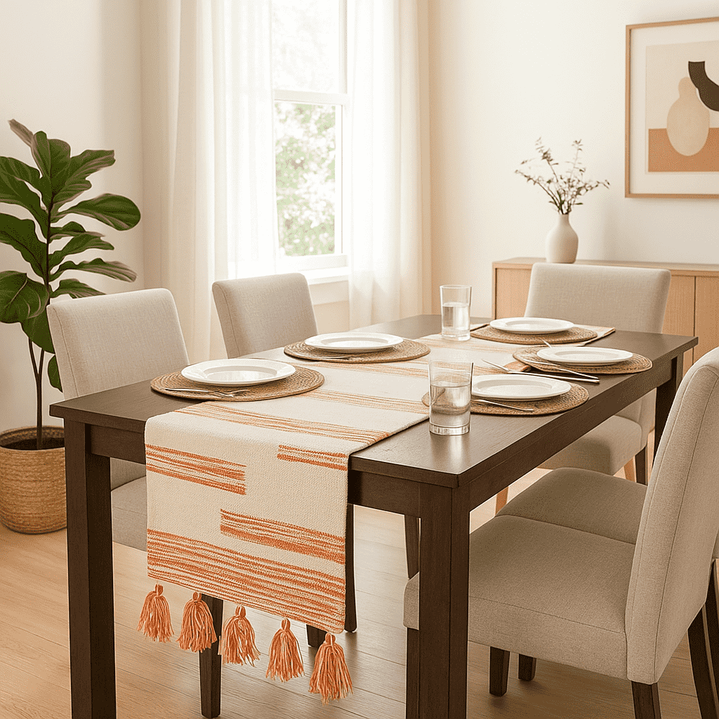 Warm table runner styled on a dining table
