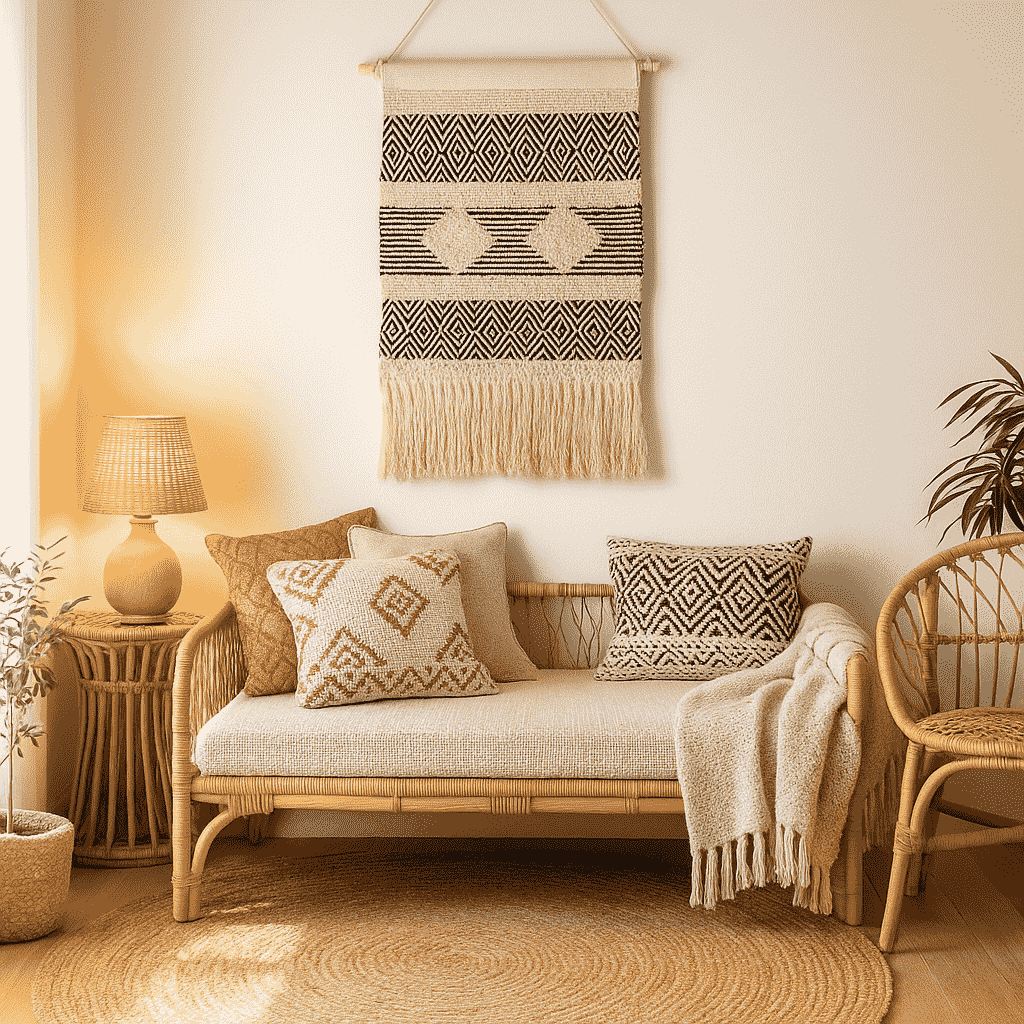 Handwoven geometric cotton wall hanging by North Indian artisans for Gleemium