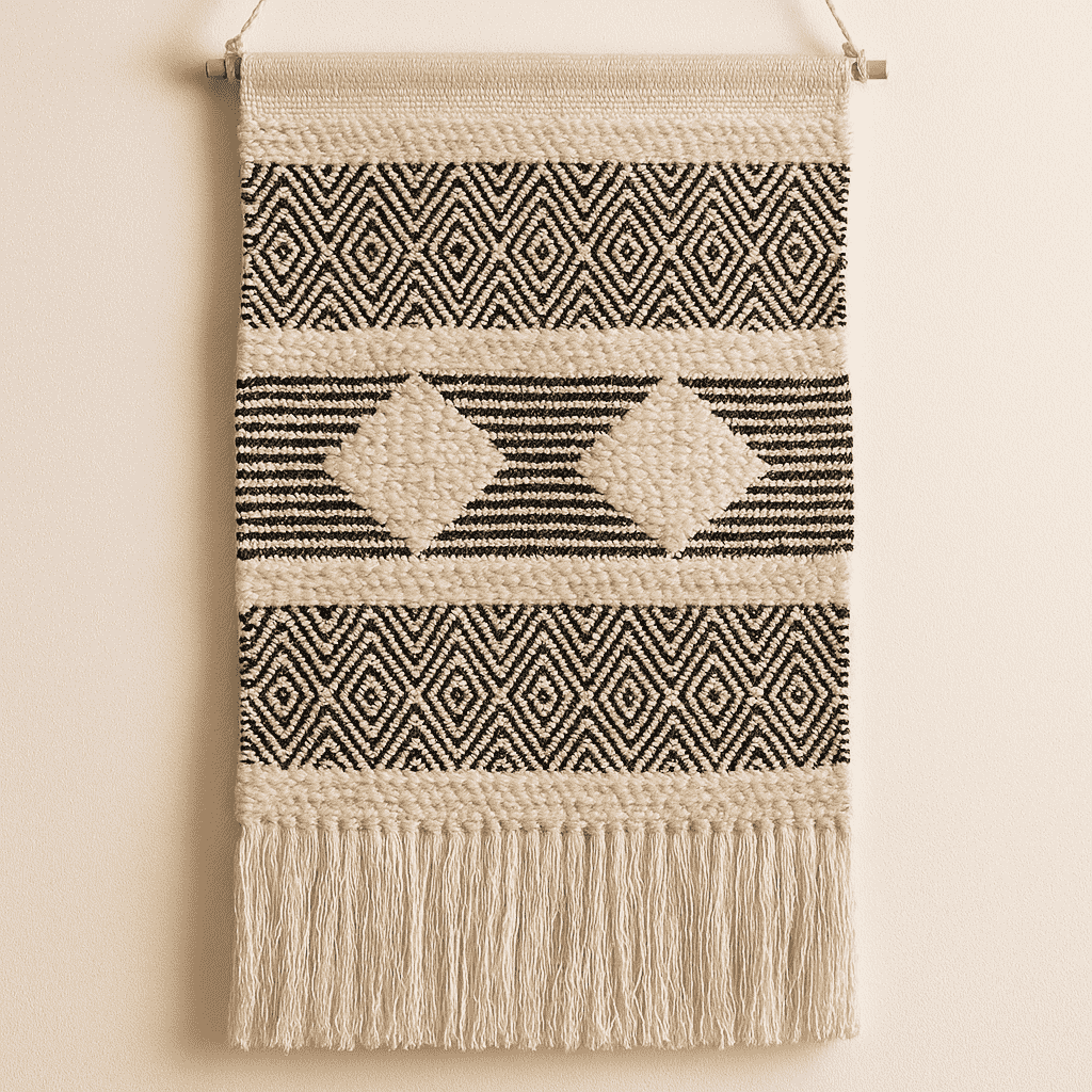 Handwoven geometric cotton wall hanging detail of fringed lower edge
