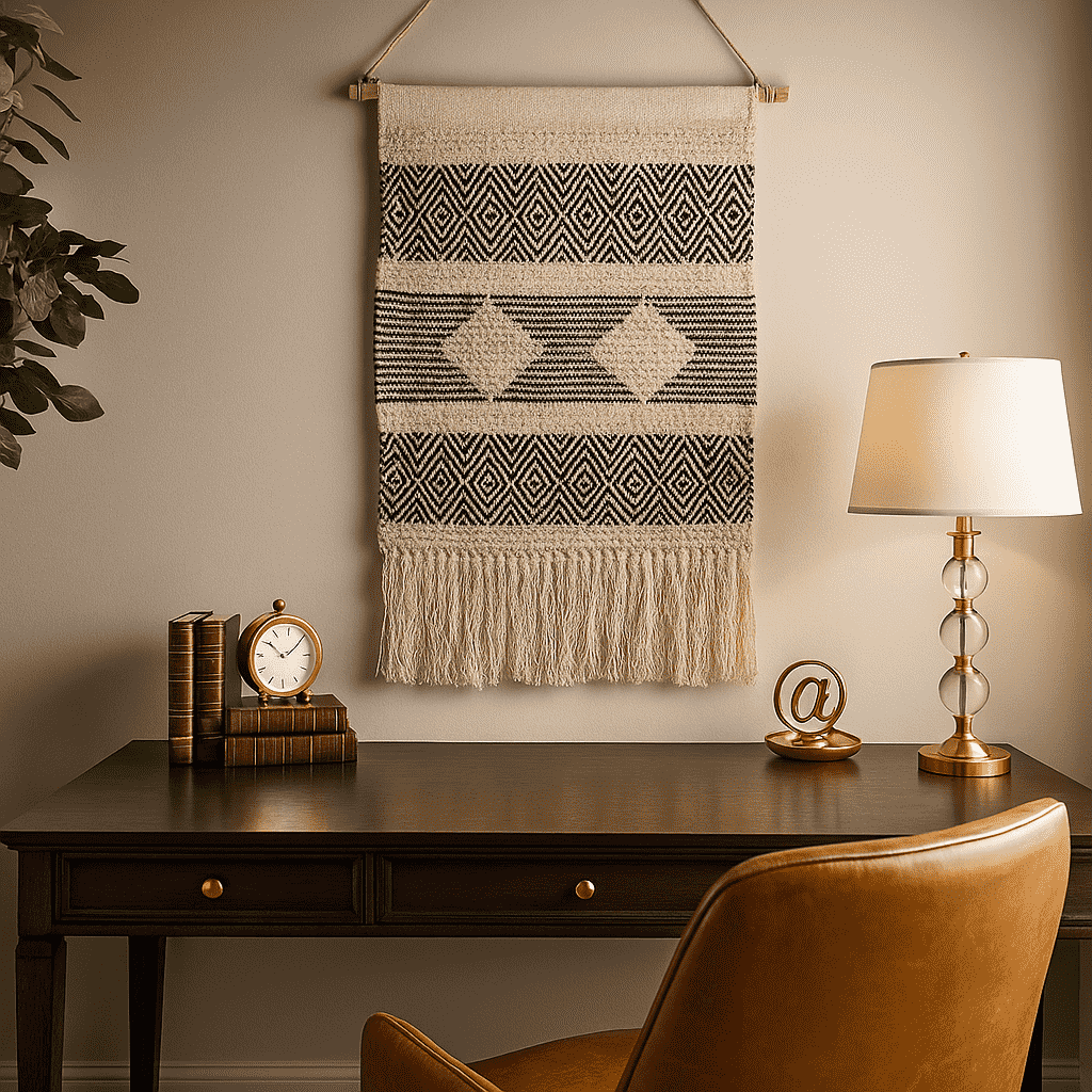 Handwoven geometric cotton wall hanging shown at an angle for depth