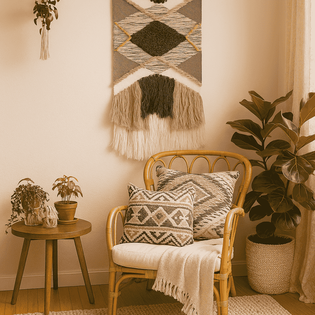 Pink tufted wool wall hanging front view of geometric shapes