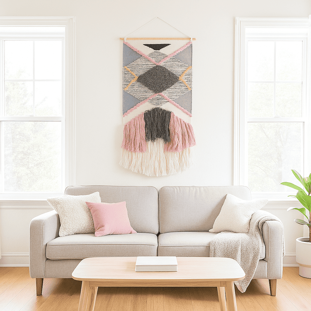 Pink tufted wool wall hanging detail of fringe at the bottom