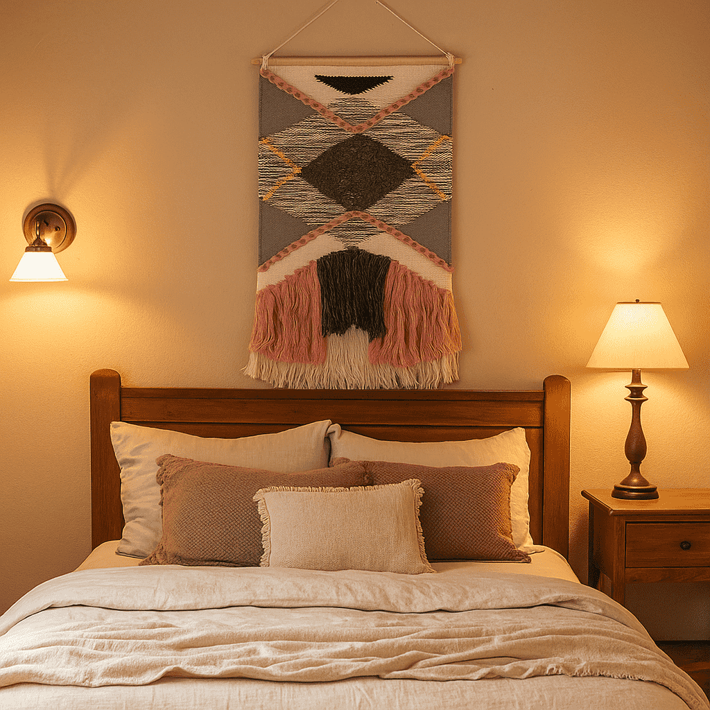 Pink tufted wool wall hanging shown at an angle
