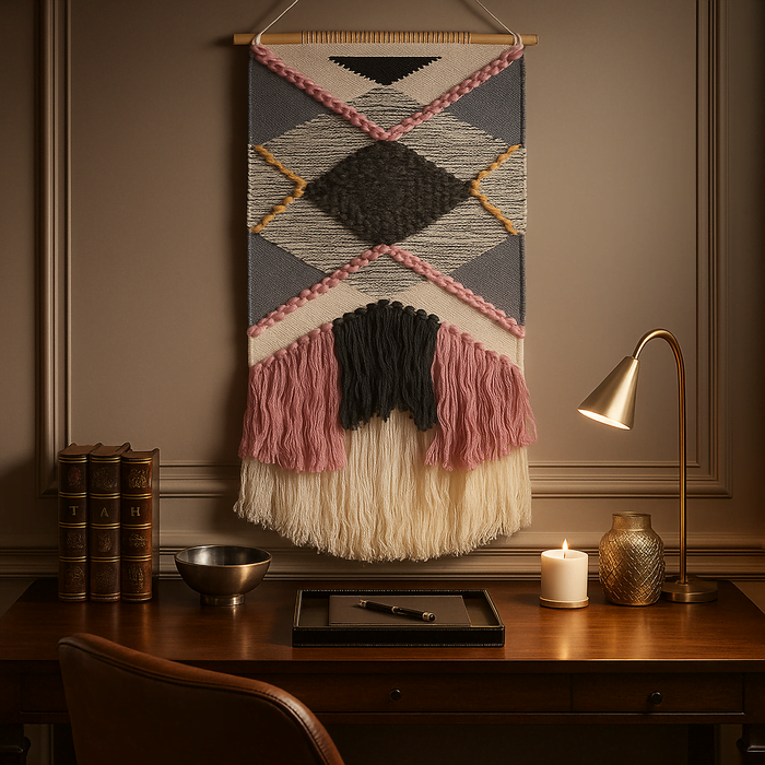 Pink tufted wool wall hanging in a soft styled bedroom