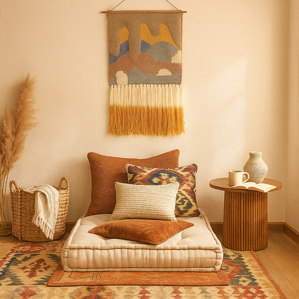 Graded ombre wool wall hanging close-up of tufted surface