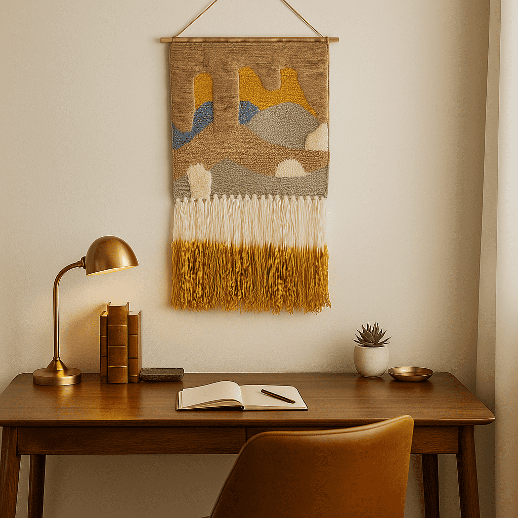 Graded ombre wool wall hanging shown at an angle