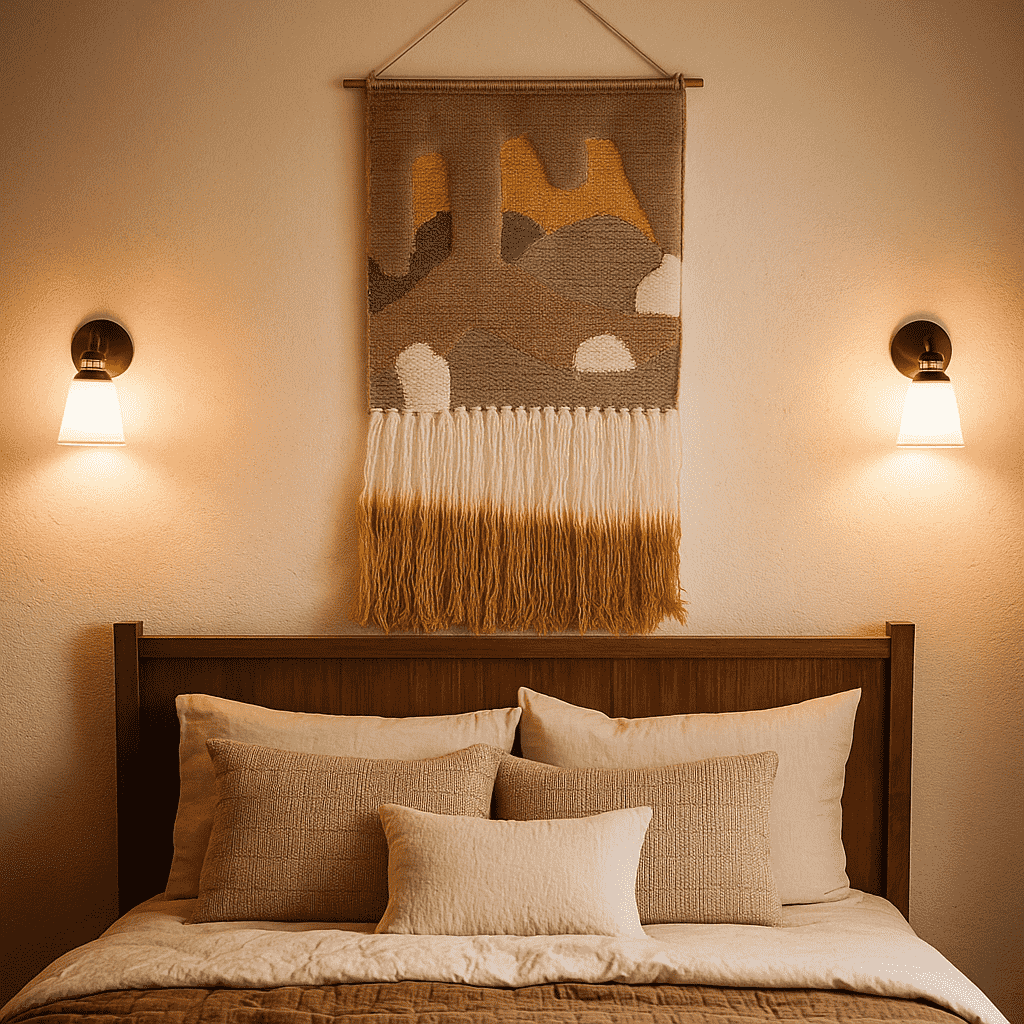 Graded ombre wool wall hanging in a styled boho room