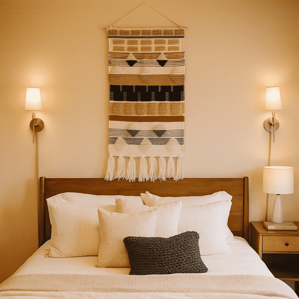 Wool tapestry wall hanging styled in a rustic room