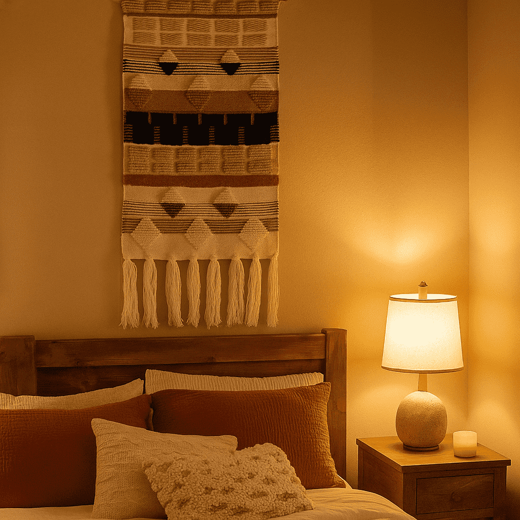 Wool tapestry wall hanging shown at an angle