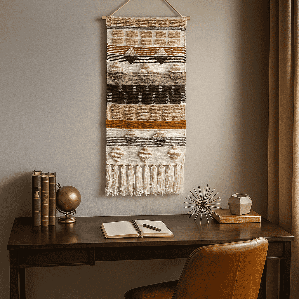 Wool tapestry wall hanging above a sofa