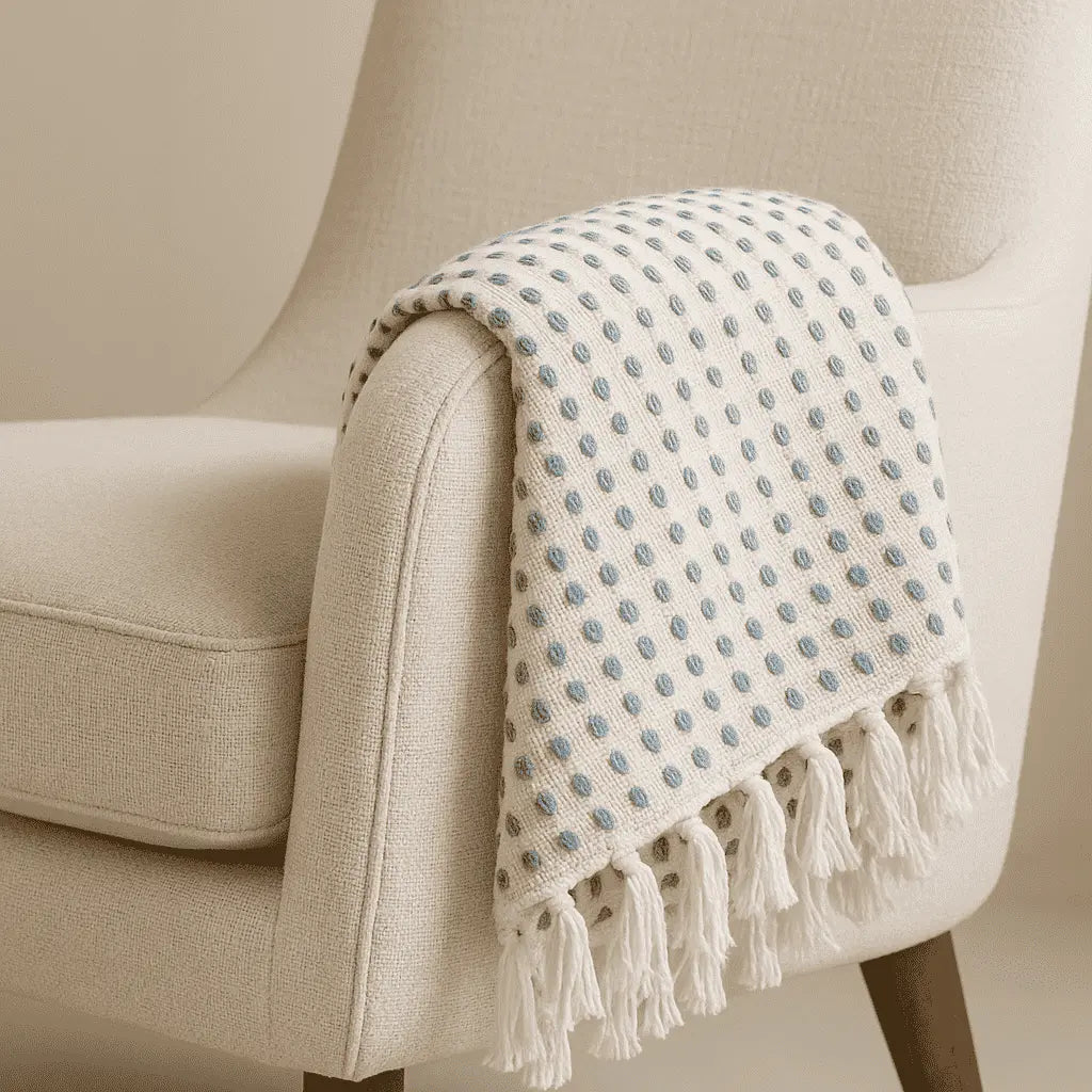 Blue dots throw blanket on a sofa