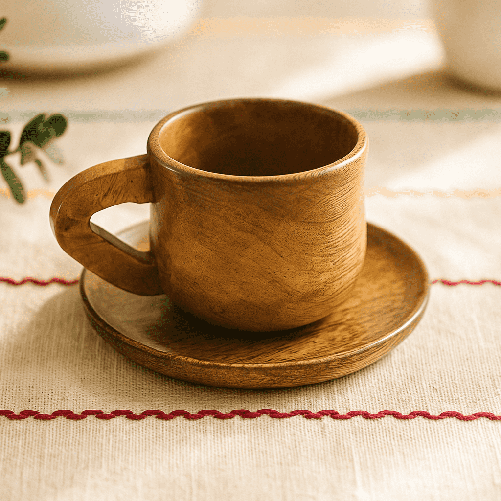 Wooden cup and saucer at an angle