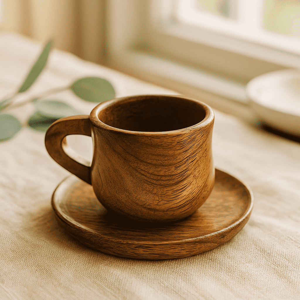 Wooden cup and saucer with tea