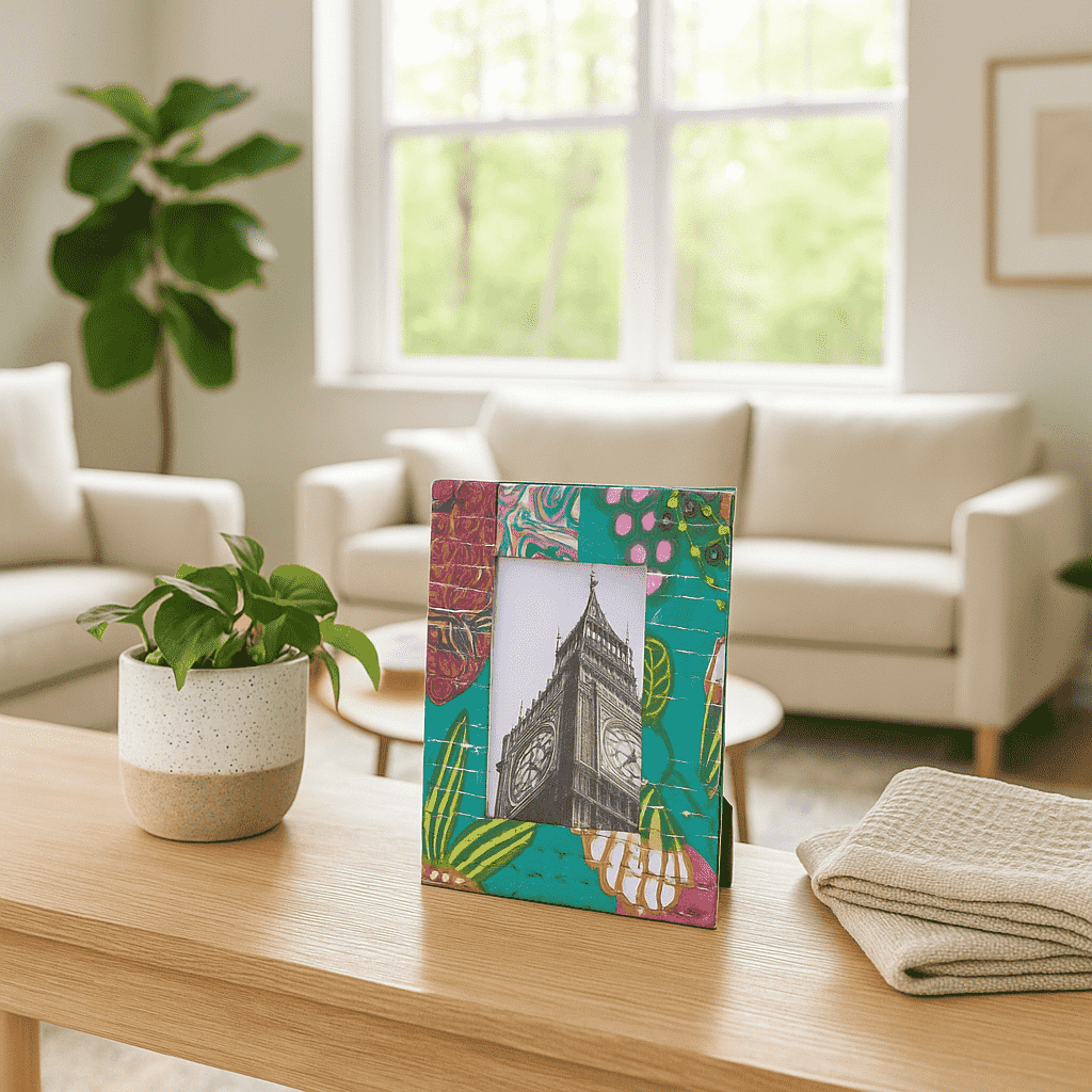 Turquoise photo frame close-up of kantha stitch