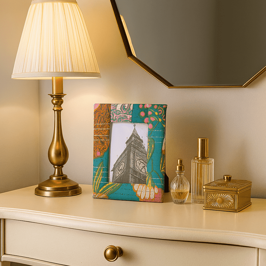 Turquoise photo frame on mantle