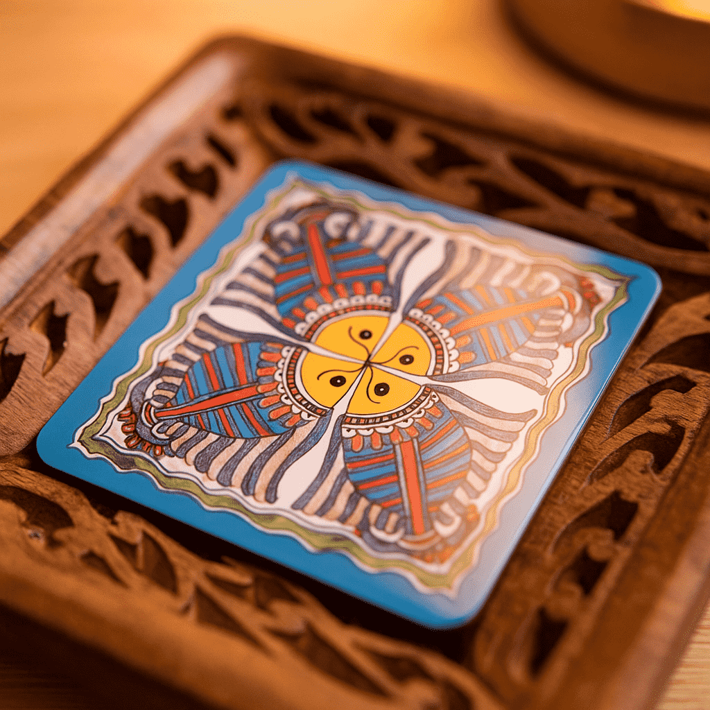 Madhubani coasters styled with a drink