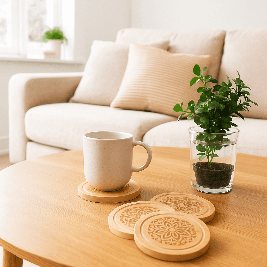 Mandala coasters wood grain detail