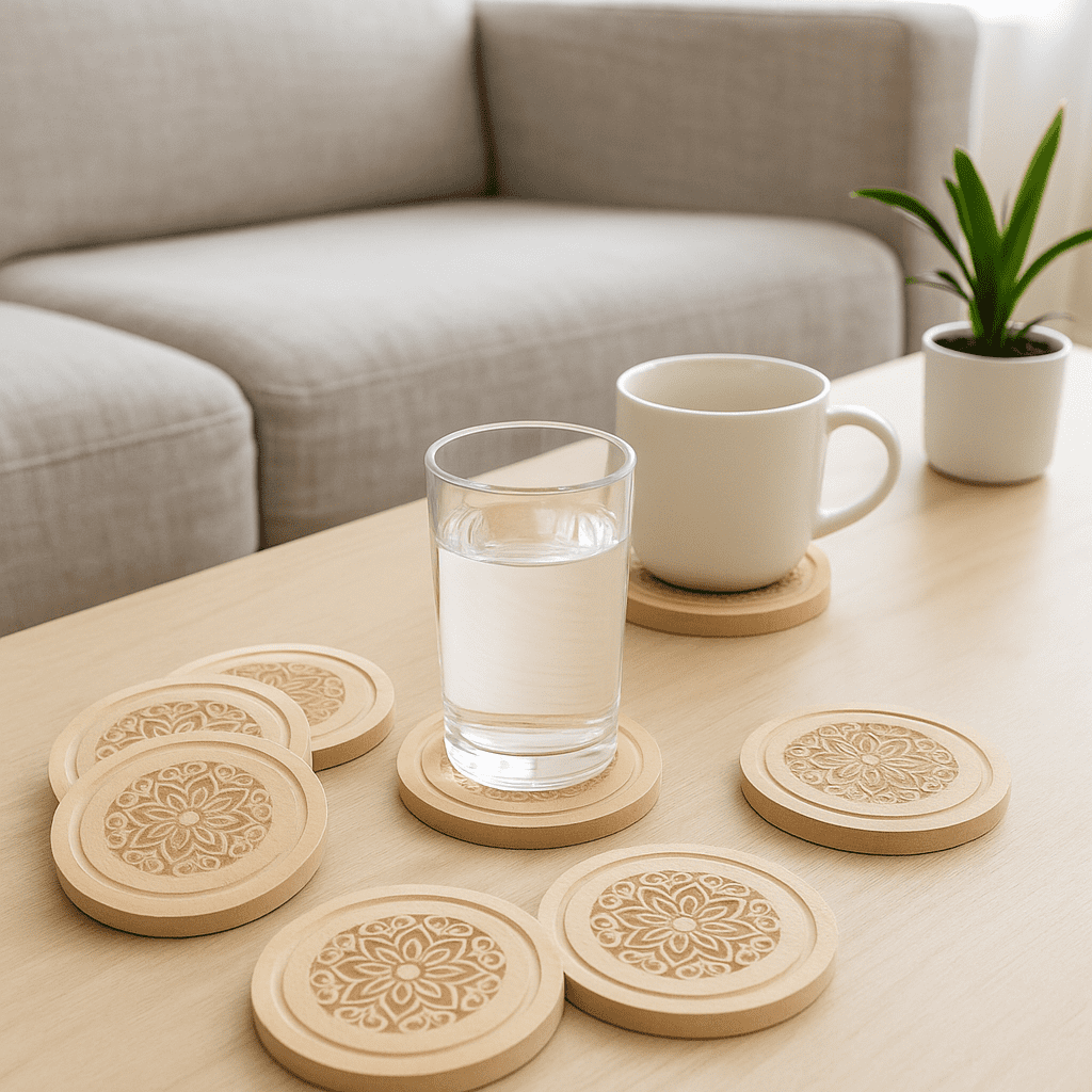Mandala coasters styled with a mug