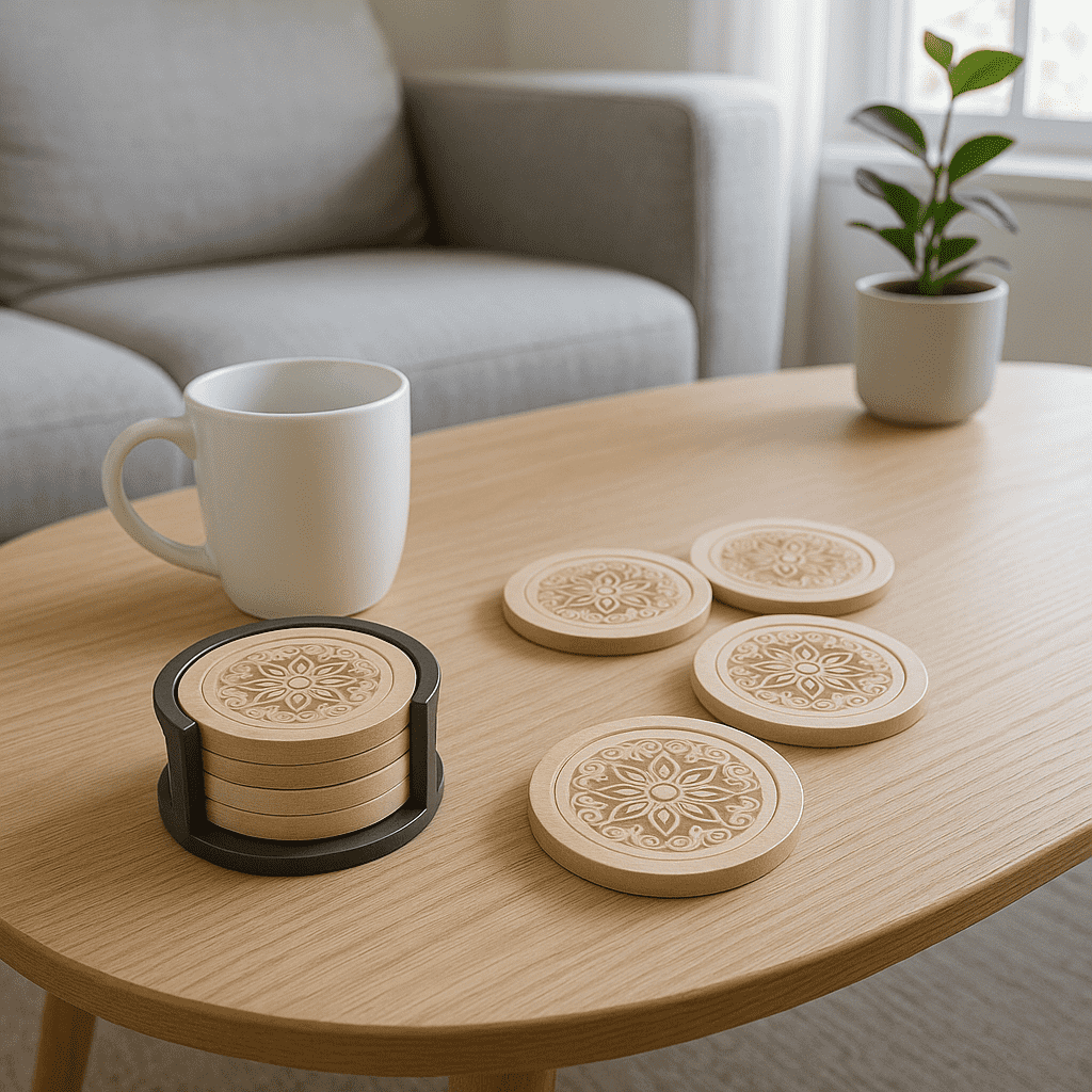 Mandala coasters in stand view