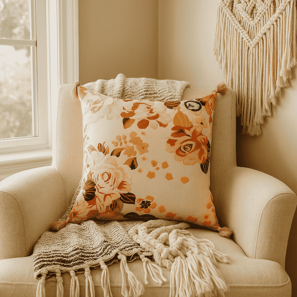 Velvet floral cushion cover styled on a sofa