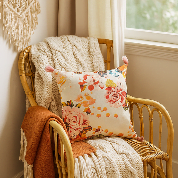 Velvet floral cushion cover close-up of rose garden print